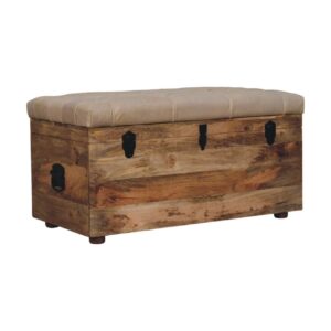 Solid Mango Wood Oak Finished Beige Leather Upholstered Storage Trunk