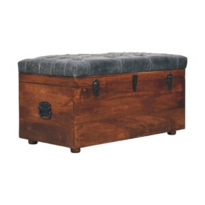 Solid Mango Wood California Walnut Black Upholstered Leather Storage Trunk
