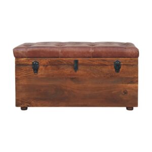 Solid Mango Wood Caliifornia Walnut Brown Buffalo Hide Leather Storage Trunk