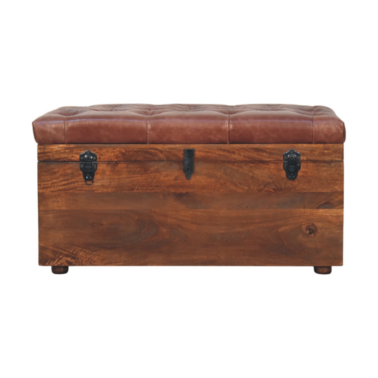 Solid Mango Wood Caliifornia Walnut Brown Buffalo Hide Leather Storage Trunk