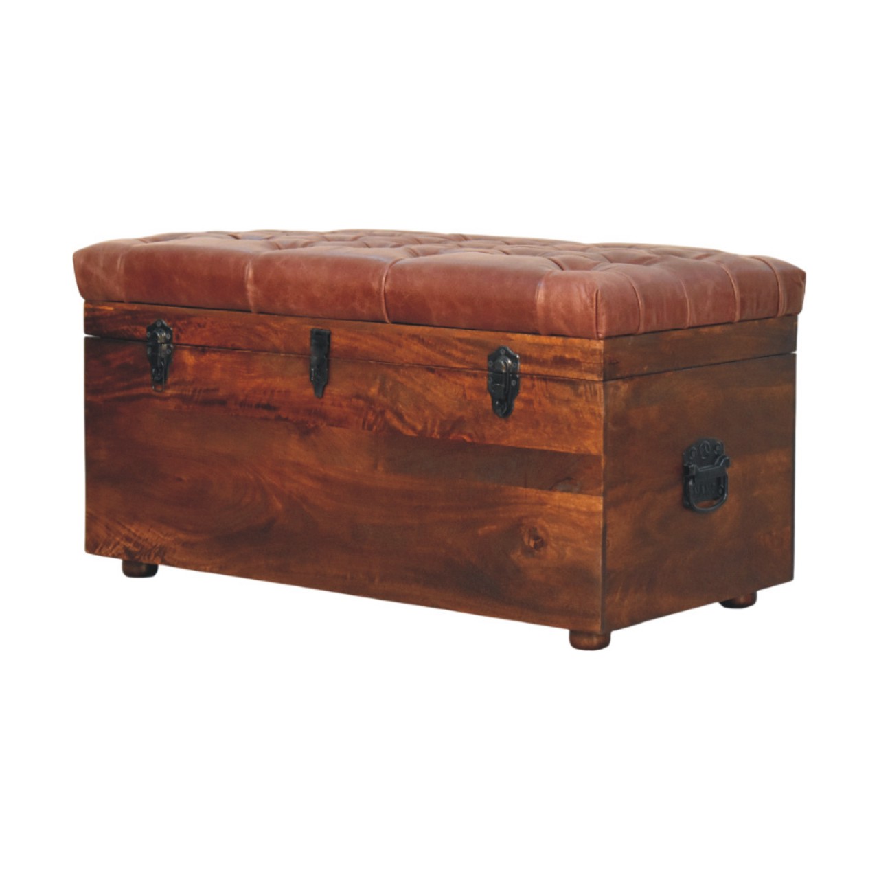 Solid Mango Wood Caliifornia Walnut Brown Buffalo Hide Leather Storage Trunk - Image 3