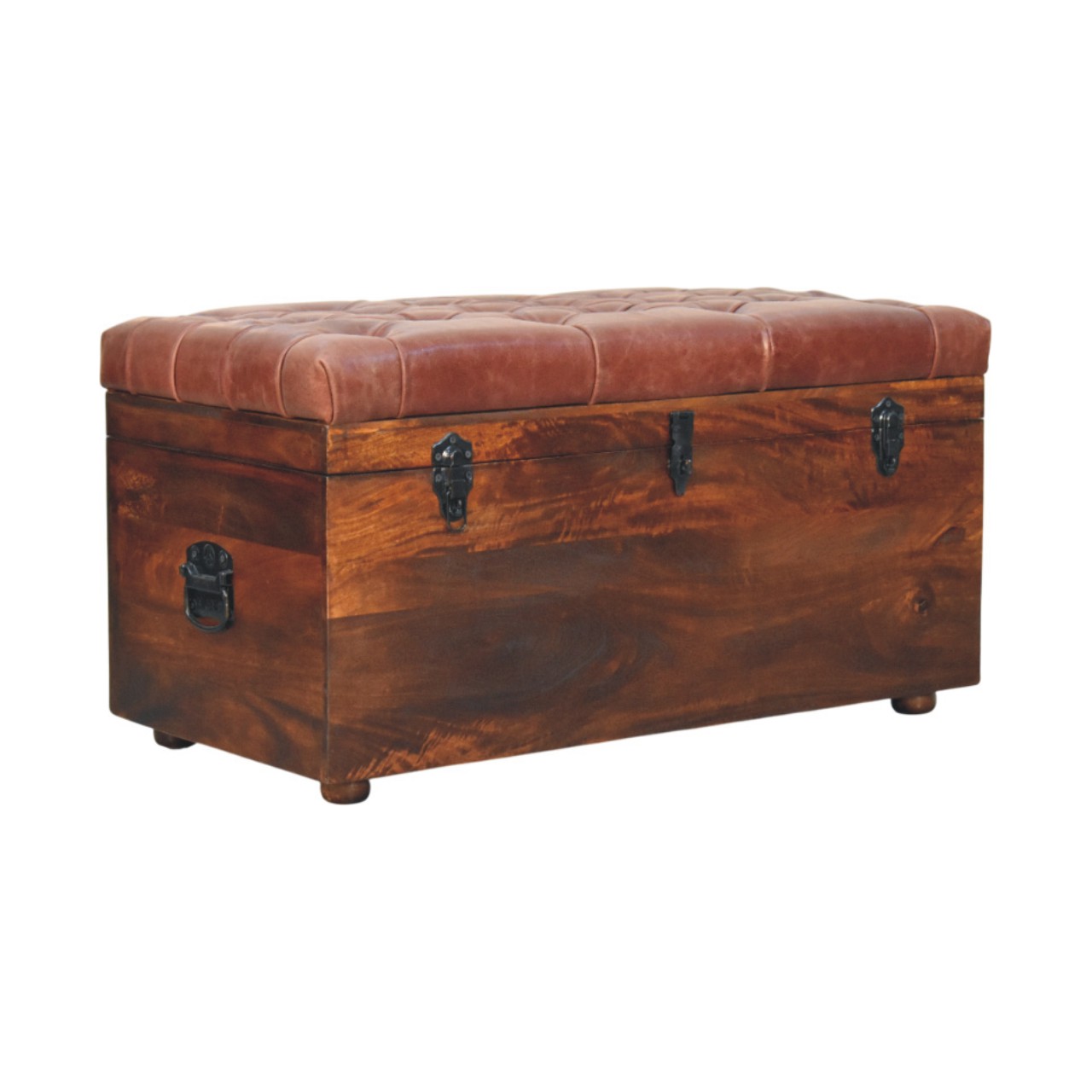 Solid Mango Wood Caliifornia Walnut Brown Buffalo Hide Leather Storage Trunk - Image 2
