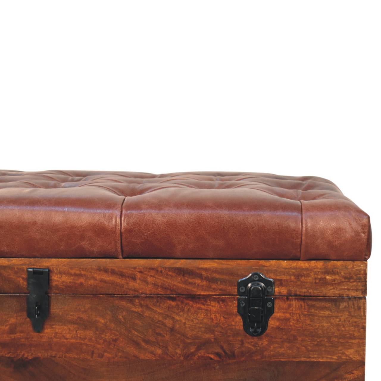 Solid Mango Wood Caliifornia Walnut Brown Buffalo Hide Leather Storage Trunk - Image 4