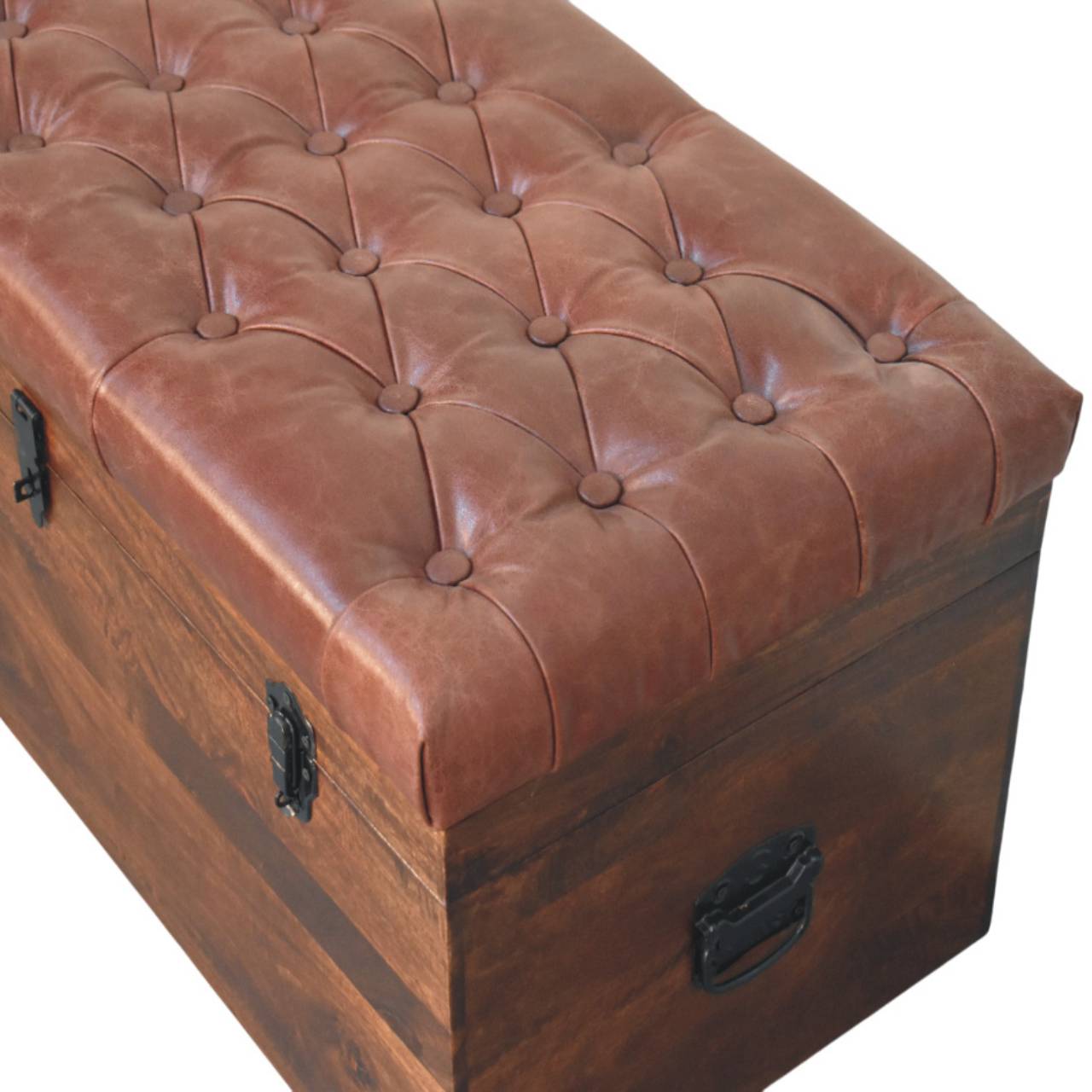 Solid Mango Wood Caliifornia Walnut Brown Buffalo Hide Leather Storage Trunk - Image 5