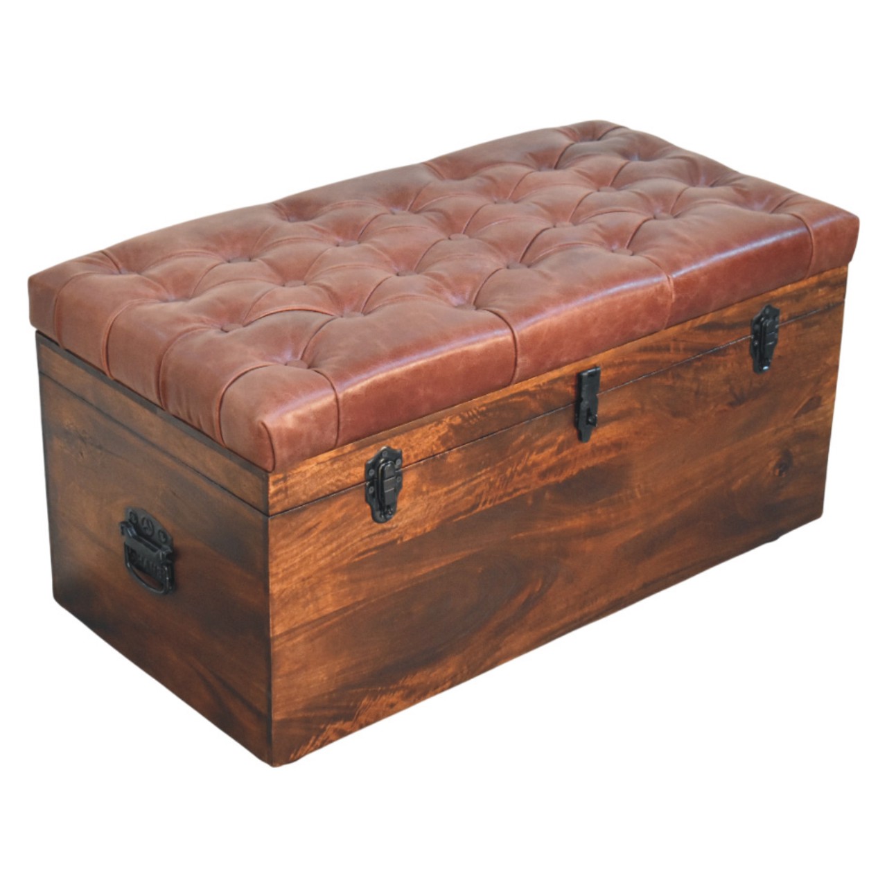 Solid Mango Wood Caliifornia Walnut Brown Buffalo Hide Leather Storage Trunk - Image 6