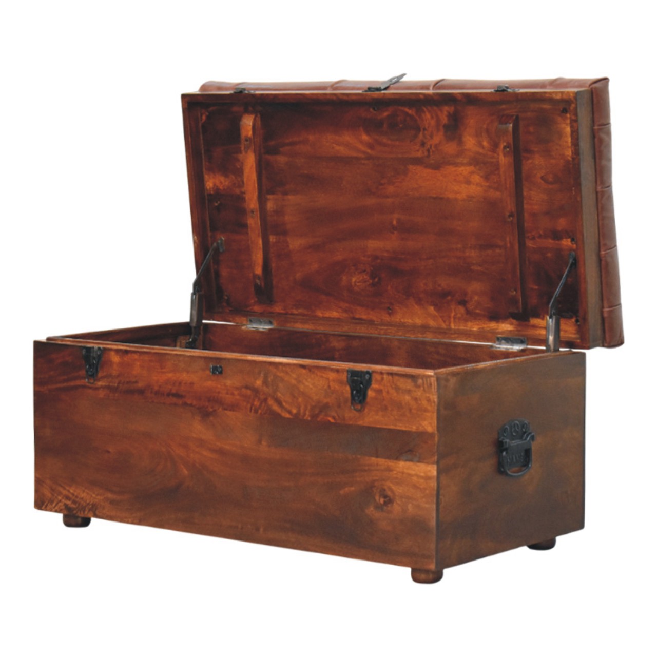 Solid Mango Wood Caliifornia Walnut Brown Buffalo Hide Leather Storage Trunk - Image 7