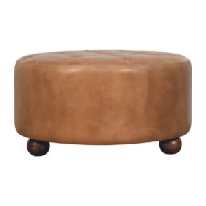 Solid Mango Wood Brown Buffalo Hide Leather Round Ottoman