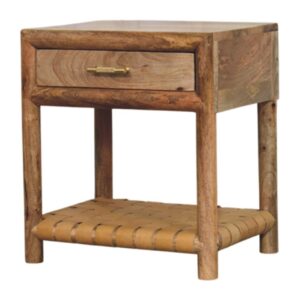 Solid Mango Wood Regency Oak Finished 1 Drawer Nightstand with Woven Shelf