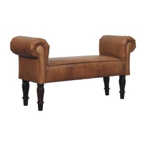 Solid Mango Wood Walnut Finished Brown Buffalo Leather Rolled Arms Bench
