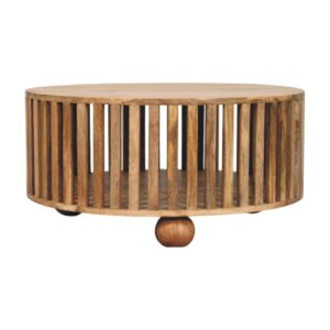 Solid Mango Wood Oak Finished Slatted Round Coffee Table