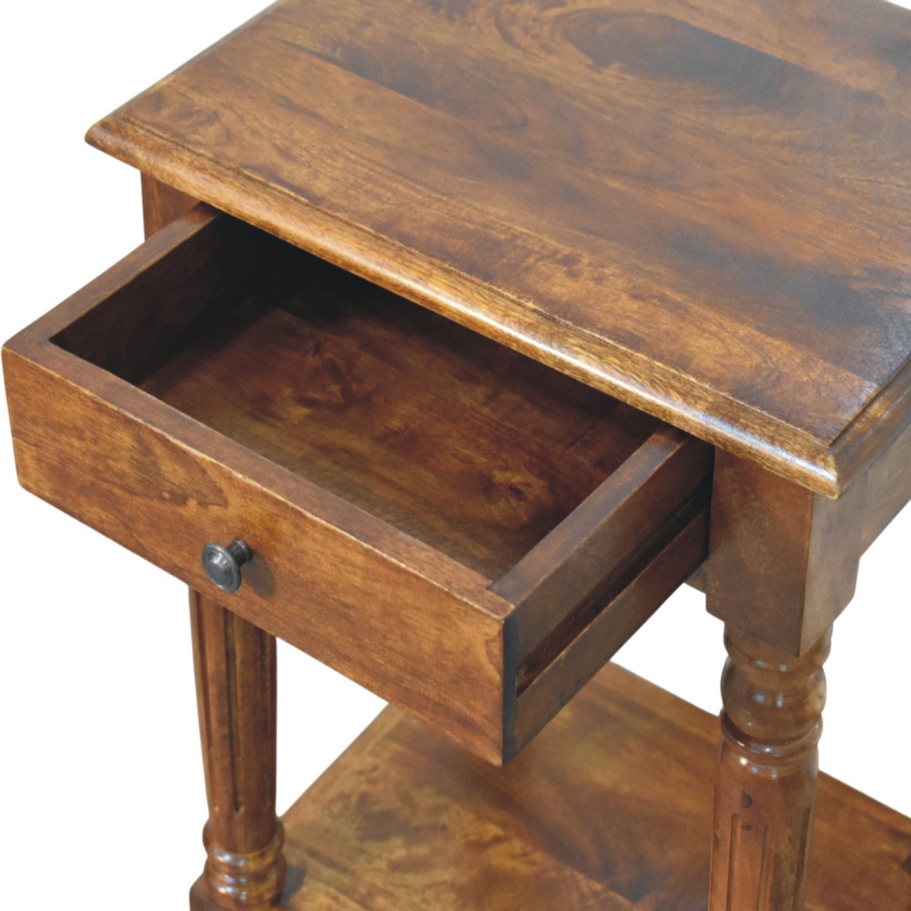 Solid Mango Wood Turned Legs Chestnut 1 Drawer Side Table - Image 5