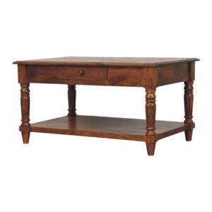 Solid Mango Wood Turned Legs Chestnut 2 Drawer Coffee Table