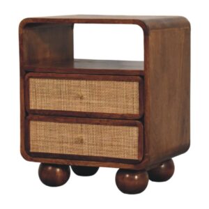 Solid Mango Wood Chestnut Finished Larissa 2 Drawer Rattan Fronted Nightstand