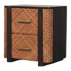 Solid Mango Wood Velvet Mocha Finished Havana 2 Rattan Front Drawers