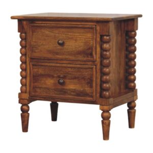 Solid Mango Wood Amber Oak Finished Harper Spindle Legs 2 Drawer Bedside