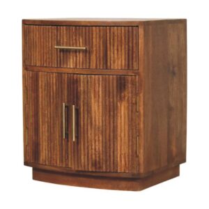 Solid Mango Wood Amber Oak Finished Curved Ribbed Bedside with Drawer & 2 Doors