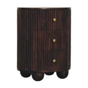 Solid Mango Wood Velvet Mocha Finished Curved Fluted 3 Drawer Bedside