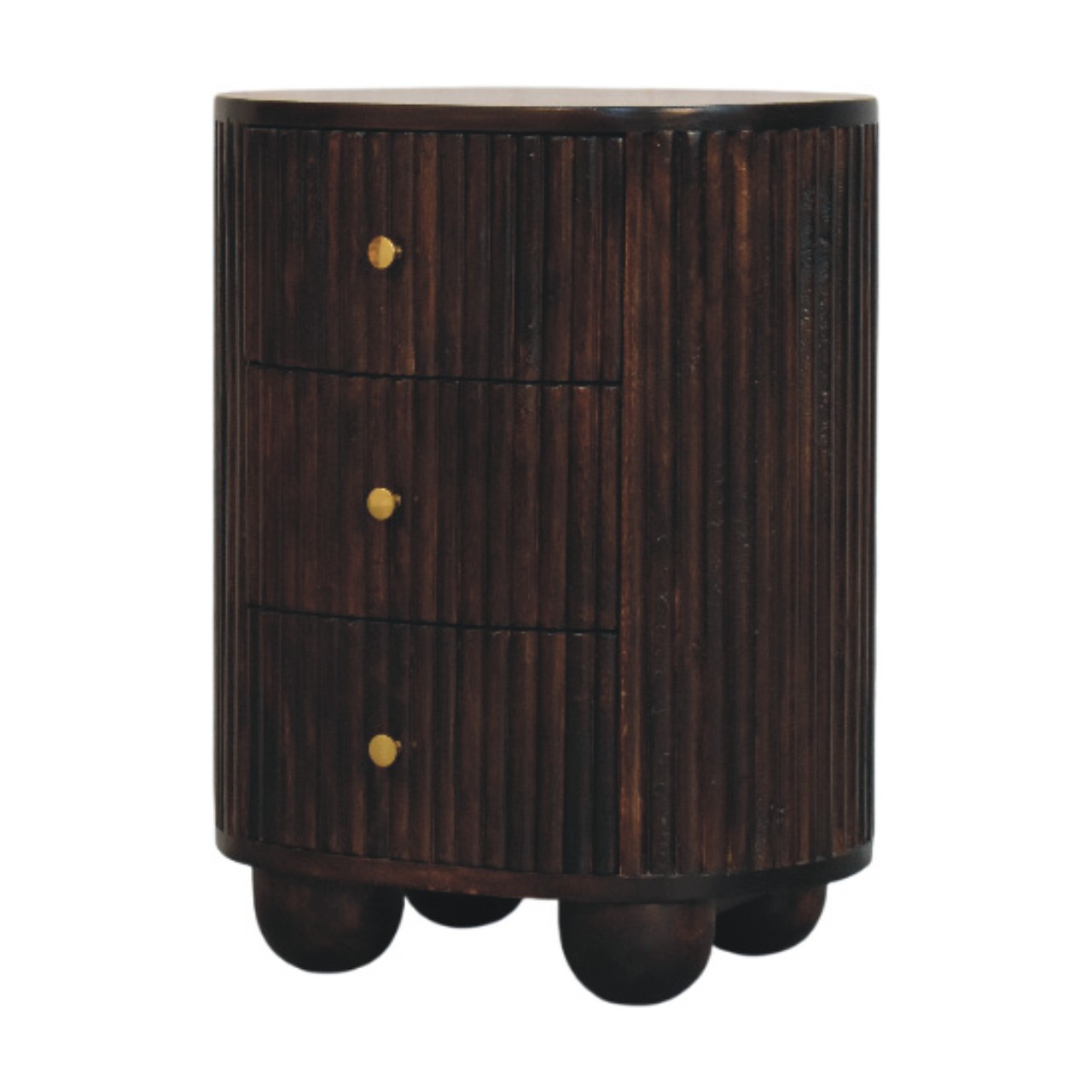 Solid Mango Wood Velvet Mocha Finished Curved Fluted 3 Drawer Bedside - Image 2