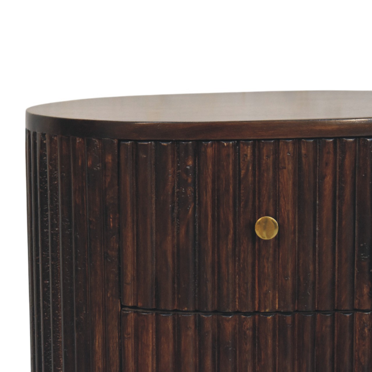 Solid Mango Wood Velvet Mocha Finished Curved Fluted 3 Drawer Bedside - Image 3