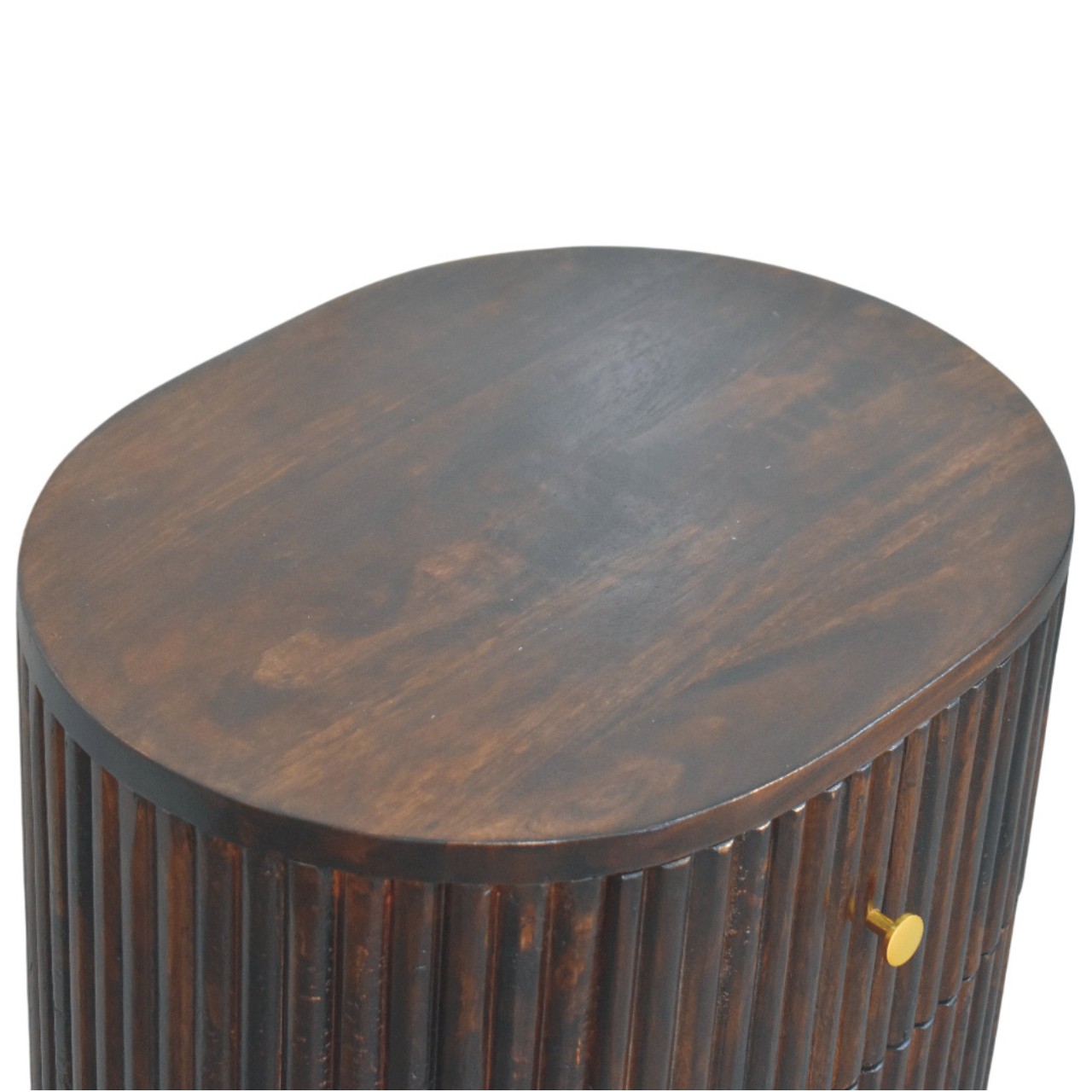 Solid Mango Wood Velvet Mocha Finished Curved Fluted 3 Drawer Bedside - Image 4