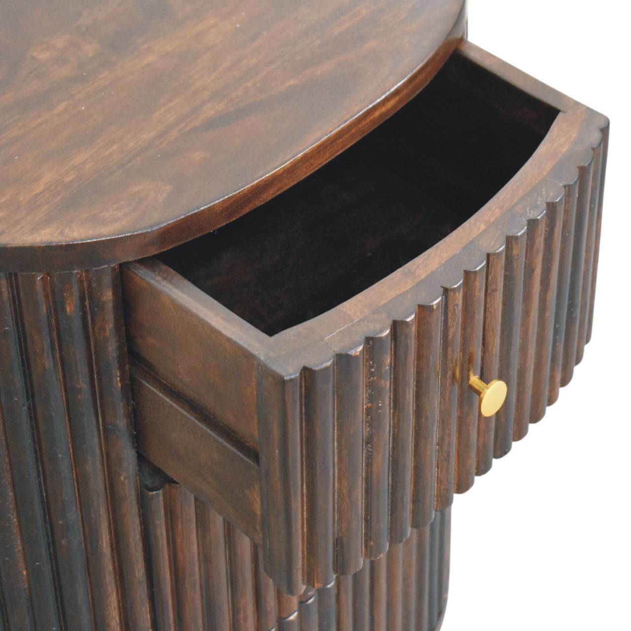 Solid Mango Wood Velvet Mocha Finished Curved Fluted 3 Drawer Bedside - Image 5