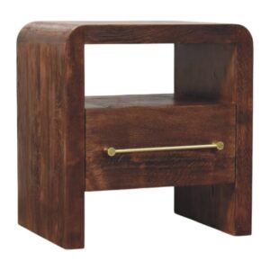 Solid Mango Wood Tiger Oak Finished 1 Drawer Open Bedside with Brass Handle