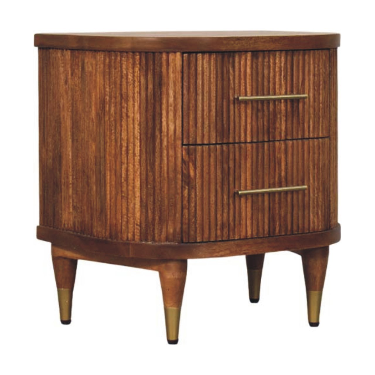 Solid Mango Wood Amber Oak Finished 2 Drawer Ribbed Pattern Bedside with Brass Accents