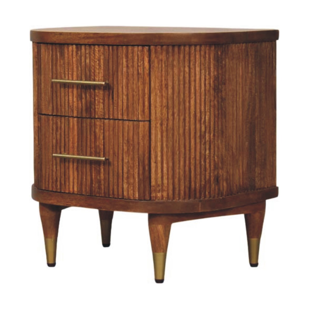 Solid Mango Wood Amber Oak Finished 2 Drawer Ribbed Pattern Bedside with Brass Accents - Image 2