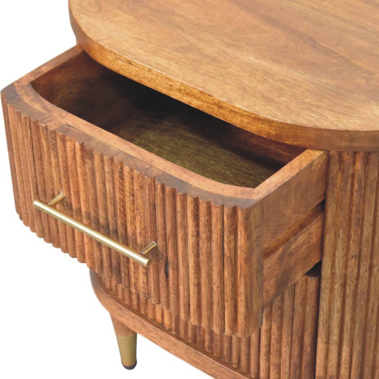 Solid Mango Wood Amber Oak Finished 2 Drawer Ribbed Pattern Bedside with Brass Accents - Image 5