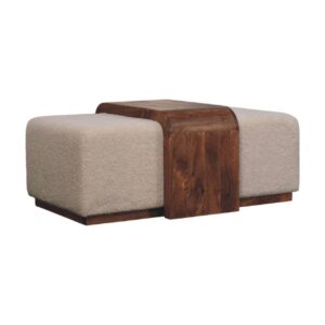Solid Mango Wood Honey Caramel Finished Arden Bench 2 Plush Boucle Stools and Table