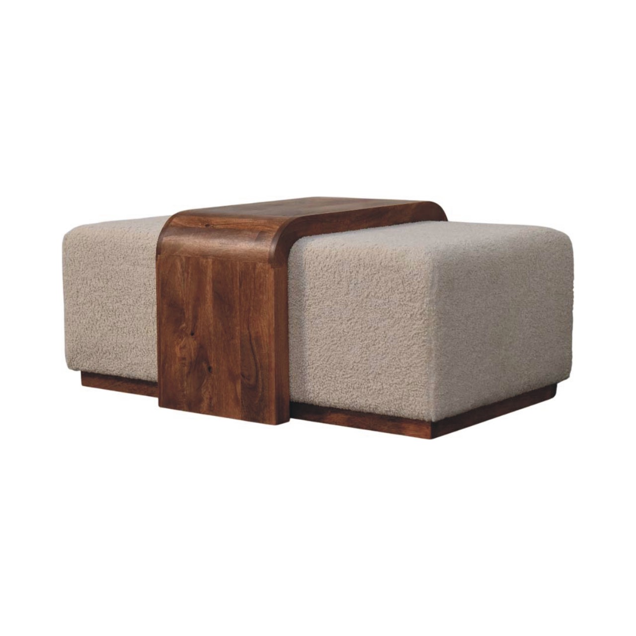 Solid Mango Wood Honey Caramel Finished Arden Bench 2 Plush Boucle Stools and Table - Image 2