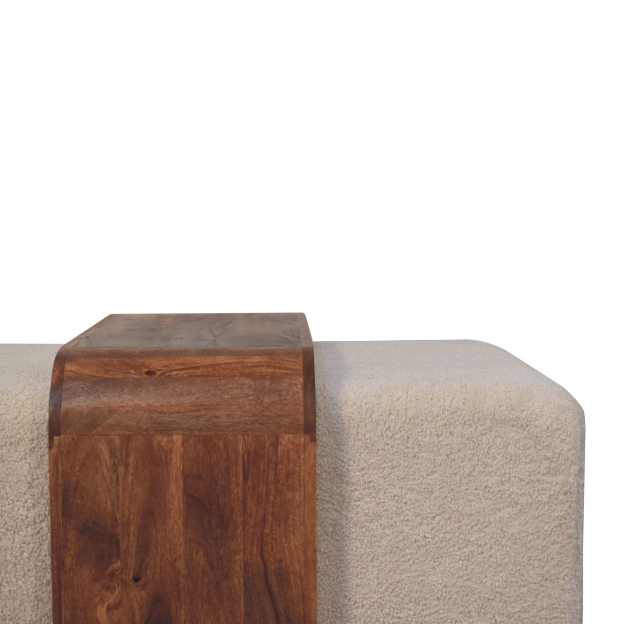 Solid Mango Wood Honey Caramel Finished Arden Bench 2 Plush Boucle Stools and Table - Image 3