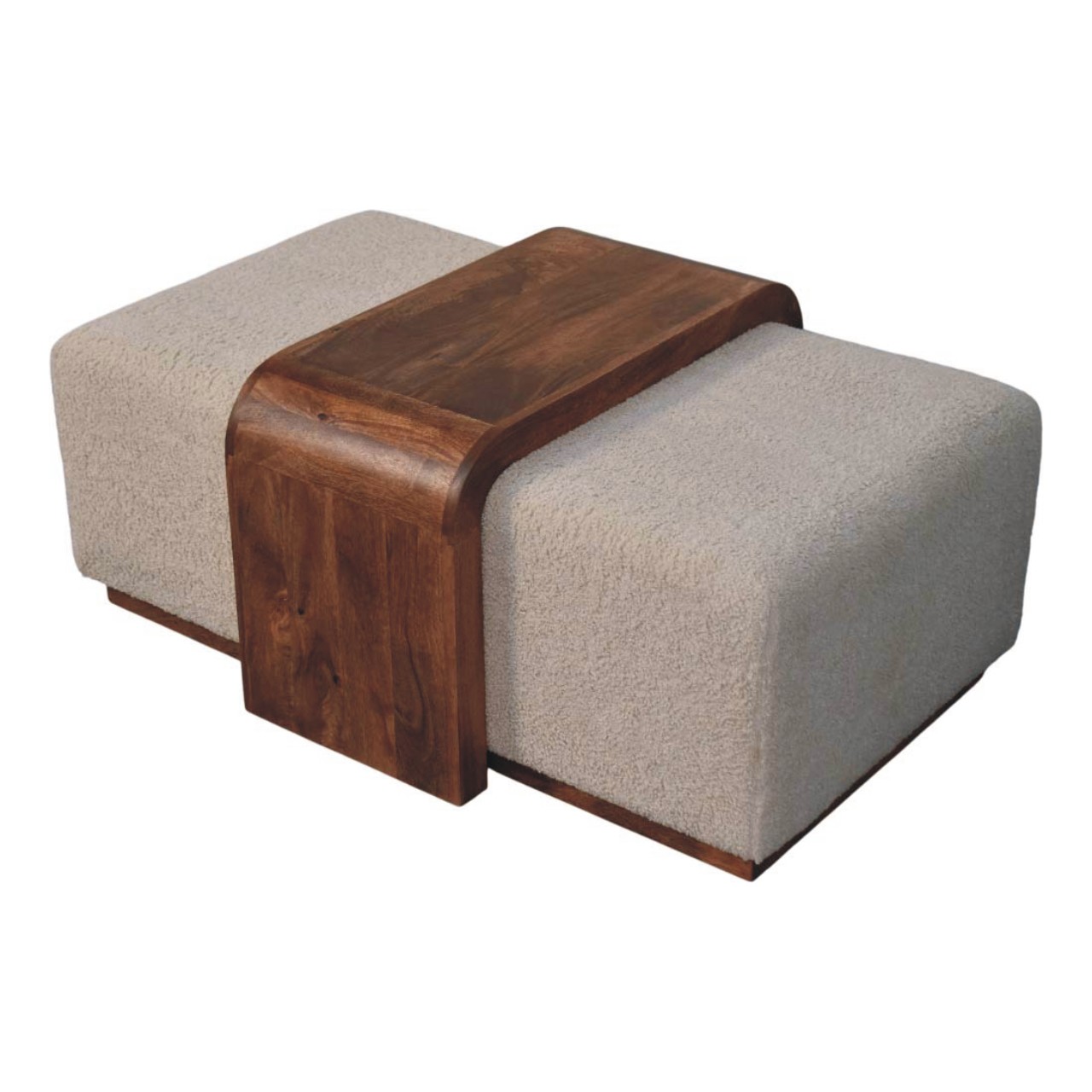 Solid Mango Wood Honey Caramel Finished Arden Bench 2 Plush Boucle Stools and Table - Image 4