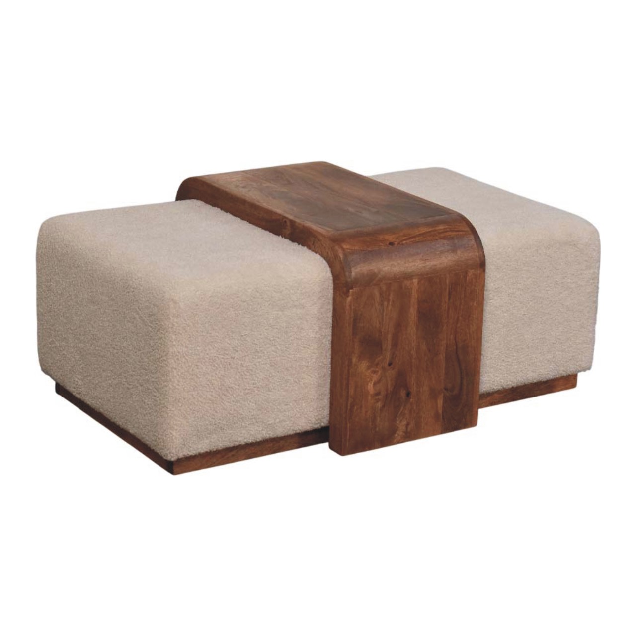Solid Mango Wood Honey Caramel Finished Arden Bench 2 Plush Boucle Stools and Table - Image 5