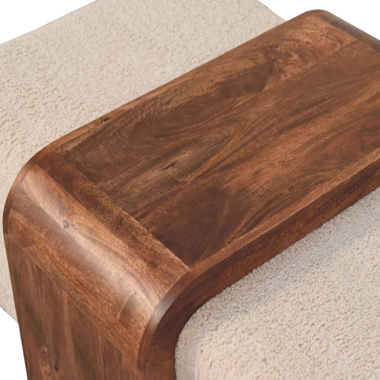 Solid Mango Wood Honey Caramel Finished Arden Bench 2 Plush Boucle Stools and Table - Image 6