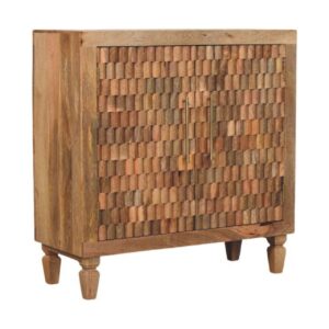 Solid Mango Wood Golden Teak Finished Cadiz Carved Block Pattern 2 Door Cabinet
