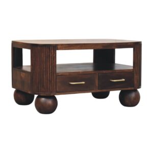 Solid Mango Wood Califonia Walnut Ball Leg 2 Drawer Coffee Table