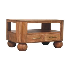 Solid Mango Wood Golden Teak Finished Briarwood Fluted 2 Drawer Coffee Table