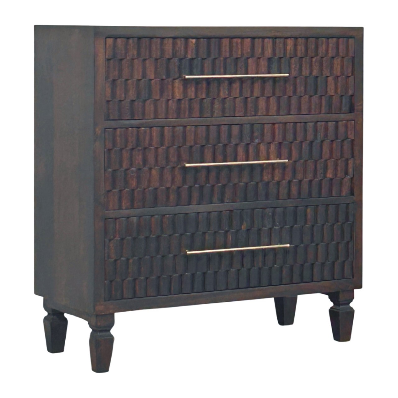 Solid Mango Wood Velvet Mocha Finished 3 Drawer Cadiz Carved Drawer Chest