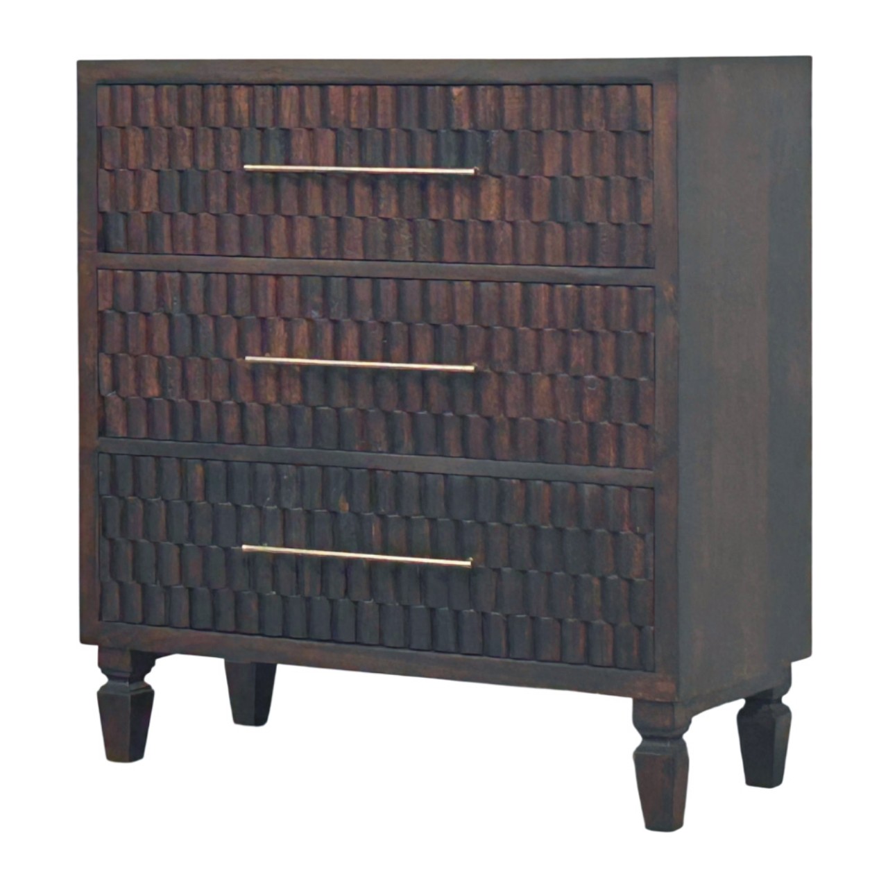 Solid Mango Wood Velvet Mocha Finished 3 Drawer Cadiz Carved Drawer Chest - Image 2