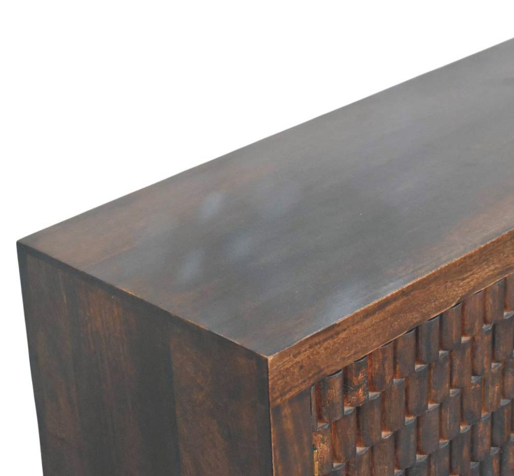 Solid Mango Wood Velvet Mocha Finished 3 Drawer Cadiz Carved Drawer Chest - Image 4
