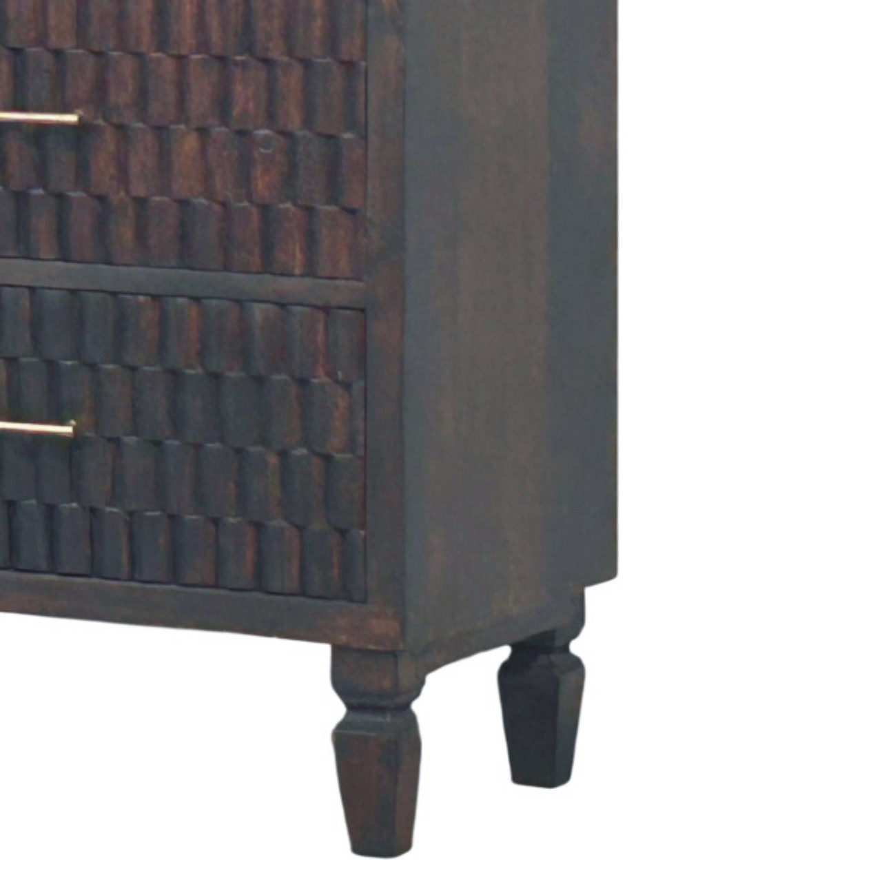 Solid Mango Wood Velvet Mocha Finished 3 Drawer Cadiz Carved Drawer Chest - Image 5