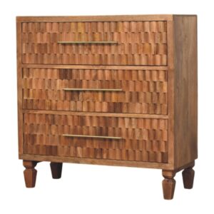 Solid Mango Wood Golden Teak Finished 3 Drawer Cadiz Carved Storage Chest