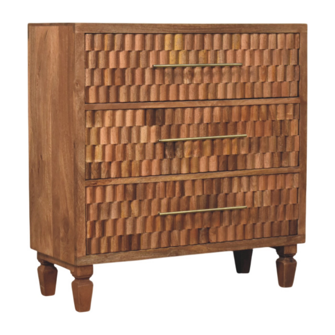 Solid Mango Wood Golden Teak Finished 3 Drawer Cadiz Carved Storage Chest - Image 2