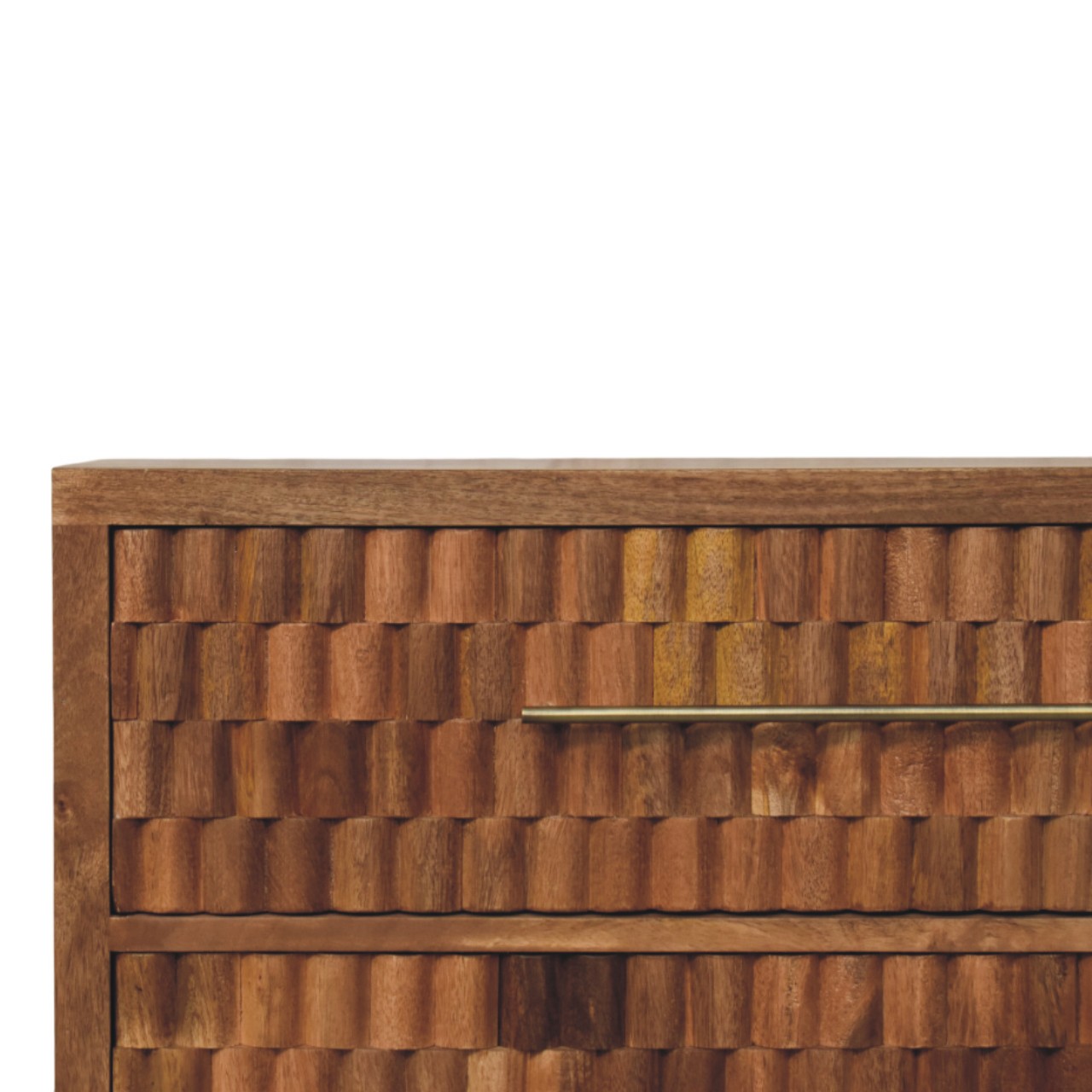 Solid Mango Wood Golden Teak Finished 3 Drawer Cadiz Carved Storage Chest - Image 3