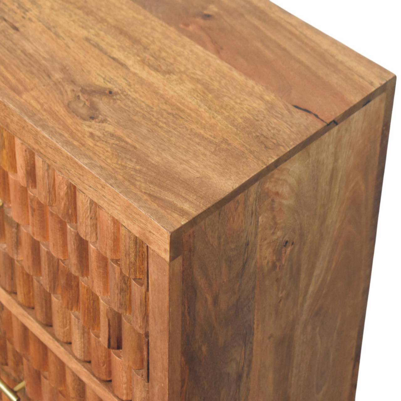 Solid Mango Wood Golden Teak Finished 3 Drawer Cadiz Carved Storage Chest - Image 4