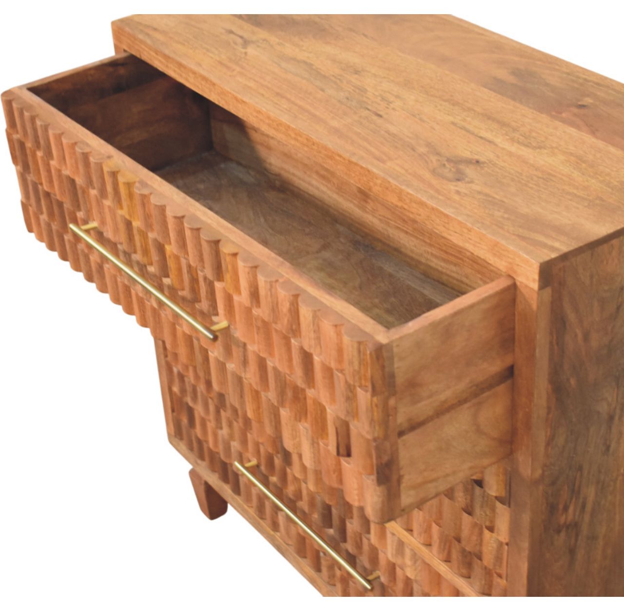 Solid Mango Wood Golden Teak Finished 3 Drawer Cadiz Carved Storage Chest - Image 5