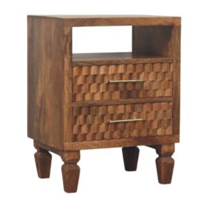Solid Mango Wood Golden Teak Finished 2 Drawer Cadiz Carved Open Shelf Bedside