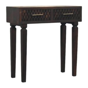 Solid Mango Wood Velvet Mocha 2 Drawer Cadiz Carved Slim Console