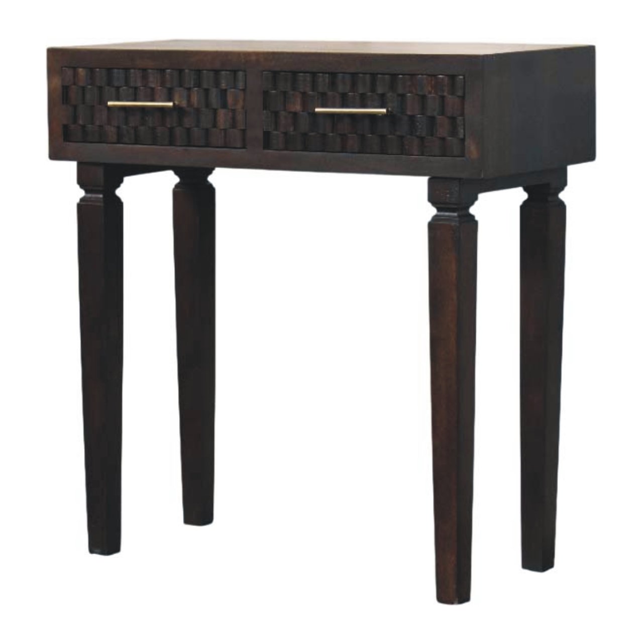Solid Mango Wood Velvet Mocha 2 Drawer Cadiz Carved Slim Console - Image 2